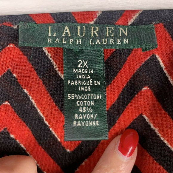 Ralph Lauren Red Black Chevron Cotton Blend Roll Tab Drawstring Tunic Top Sz 2X - Picture 6 of 10